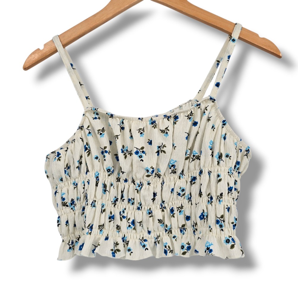 Five Below‎ Blue Floral Smocked Crop Top XXL Cream Spaghetti Strap Ruffle Hem
